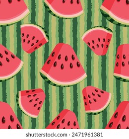 Watermelon pattern vector, Cartoon fresh green open watermelon half, slices and triangles. Red watermelon piece with bite. Sliced cocktail water melon fruit vector set