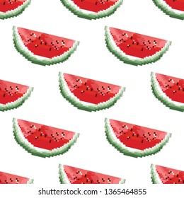 Watermelon pattern vector. Pixel art. 8 bit. Cute seamless vector pattern with watermelons and dots.