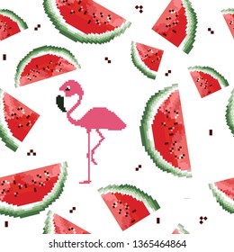 Watermelon pattern vector. Pixel art. 8 bit. Cute seamless vector pattern with watermelons and dots.