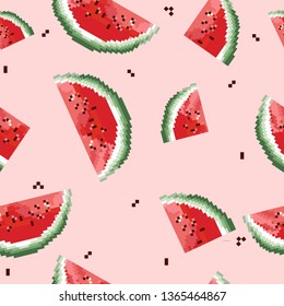 Watermelon pattern vector. Pixel art. 8 bit. Cute seamless vector pattern with watermelons and dots.