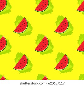 Watermelon pattern, vector seamless summer pattern with fruit on yellow background