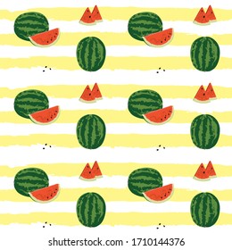 Watermelon pattern. Whole and juicy red pieces, Background of yellow stripes. Vector graphics.