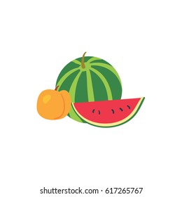 Watermelon and peach on white background. Simple flat graphic. Vector illustration

