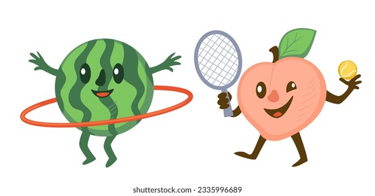 Watermelon and peach playing tennis and doing exercises with hula hoop. Isolated sportive fruits characters with faces and expressions, legs and hands. Personages with smile. Vector in flat style