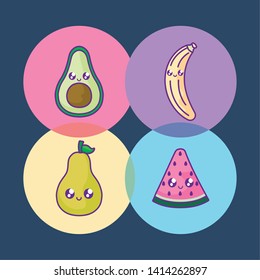 watermelon with pear and set icons kawaii