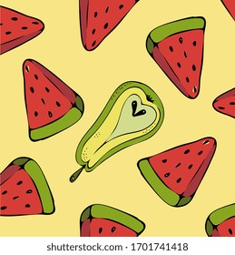 Watermelon and pear. Vector pattern. Bright colours. 10 illustrator. Ideal for packaging, wallpaper, poster, banner, signboard, t-shirt.
