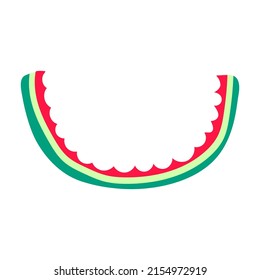 Watermelon peel, Bitten Slice of Watermelon icon. Vector summer fruits. Slice of watermelon with bite marks on white background.
