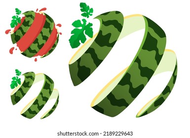 Watermelon peel emblem twisted into spiral with green leaves. Exotic fruit symbol in abstract form. Vector isolated on white background