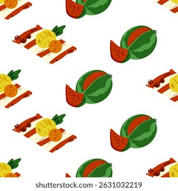 Watermelon Picnic Food Seamless Pattern. Cartoon fruity summer illustration on white background.