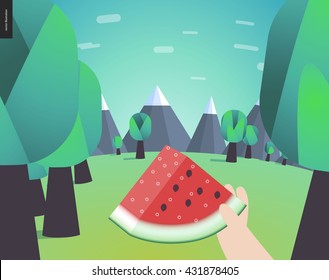Watermelon, picnic in a forest, flat cartoon vector illustration - a piece of ripe watermelon in someones hand on the background of forest edge and mountains