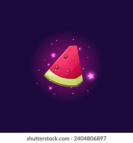 Watermelon piece with decoration. Glowing fruit with stars. Design for game ui prize and reward, casino slot icon, gambling machine element. Cartoon vector illustration on dark background.