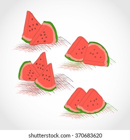 Watermelon. A piece of watermelon. Part of watermelon. Set. Sketch.