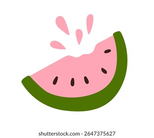 Pedaço de melancia, fruta suculenta doce com respingos de suco. Melancia de água, cunha cortada, fatia com sementes no estilo bonito doodle desenhado à mão. Comida de verão. Ilustração de vetor plano isolada no plano de fundo branco