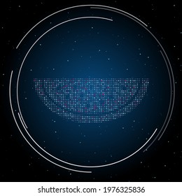 The watermelon piece symbol filled with white dots. Pointillism style. Some dots is pink. Vector illustration on blue background with stars