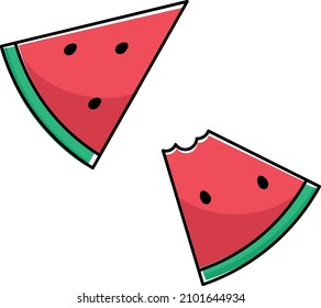Watermelon pieces, one already bitten, a simple red and green vector design