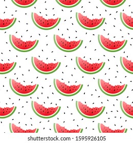Watermelon pieces seamless pattern with black seeds on white background. Vector illustration