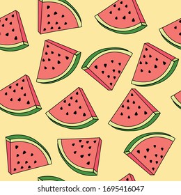 Watermelon pieces seamless pattern on light yellow background 