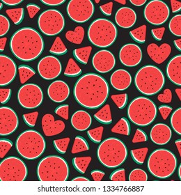 Watermelon pieces Seamless pattern surface design. Vector illustration isolated on dark background