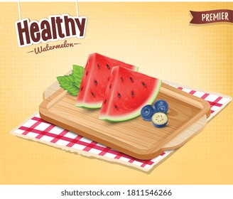 Watermelon pieces vector illustration with blueberries on wooden chopping board