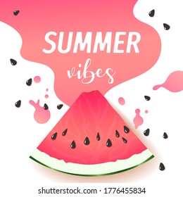 Watermelon with pigtails, spots and drops. Summer vibes card design. Vector illustration for cafe menu, cover, flyer, banner, poster, card, postcard.