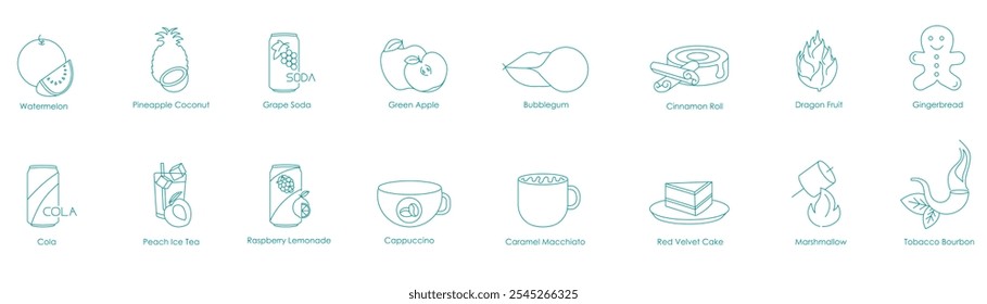 Watermelon, Pineapple Coconut, Grape Soda, Green Apple, Bubble Gum, Cinnamon Roll, Dragon Fruit, Gingerbread, Cola, Peach Ice Tea, Raspberry Lemonade, Cappuccino, Caramel Macchiato vector icons