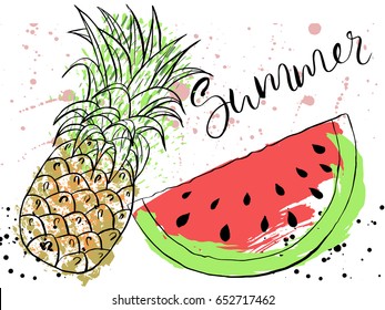 Watermelon and pineapple illustration by hand, inscription Summer