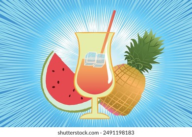 Watermelon and pineapple juice. Summer tropical fruits. Blue background with radial rays.
