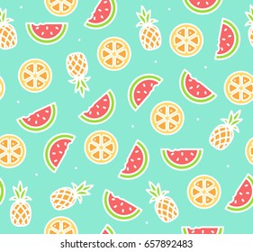Watermelon, Pineapple and Orange Tropical Fruit Background Pattern Modern Design for Menu. Vector illustration