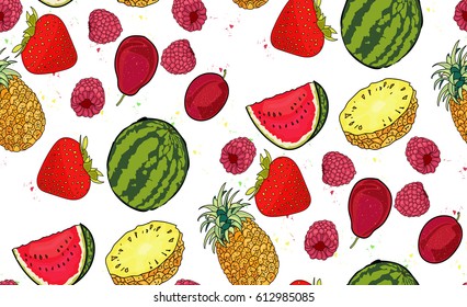 watermelon, pineapple, raspberry, plum, juice, seamless patterns. splashes of juice. the fruit mix. the summer mood.