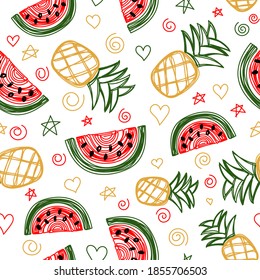 Melón de agua y piña sin soldadura. Ilustración vectorial dibujada a mano. Esbozo de doodle con lápiz o marcador. Siluetas de frutas de lino. Repetir el dibujo de contorno.