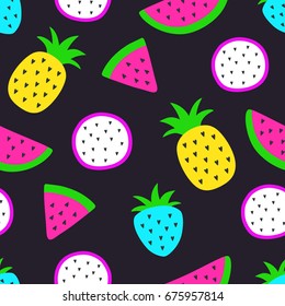 Watermelon, pineapple, strawberry, dragon fruit seamless pattern. 