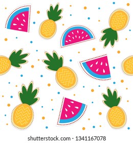 Watermelon and Pineapples Vector Seamless Pattrern. Colorful tropical fruits seamless pattern.