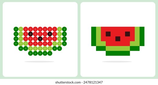 Watermelon in pixel art for cross stitch and beaded patterns in vector illustration.