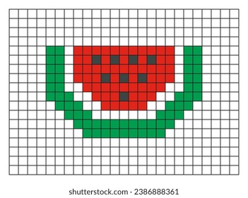 Watermelon pixel art. Red watermelon slice vector design, minimalist cartoon style, game item icon, mosaic, 8 bit. Fruit illustration on checkered line exercise sheet, sketchbook, or coloring page.