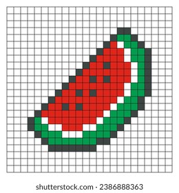 Watermelon pixel art. Red watermelon slice vector design, minimalist cartoon style, game item icon, mosaic, 8 bit. Fruit illustration on checkered line exercise sheet, sketchbook, or coloring page.