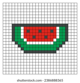 Watermelon pixel art. Red watermelon slice vector design, minimalist cartoon style, game item icon, mosaic, 8 bit. Fruit illustration on checkered line exercise sheet, sketchbook, or coloring page.