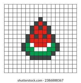Wassermelonen Pixelkunst. Rote Wassermelonen-Slice Vektordesign, minimalistischer Cartoon-Stil, Spielartikel-Symbol, Mosaik, 8 Bit. Fruchtgrafik auf Trainingsblatt, Skizze oder Farbseite an der Schachtel.