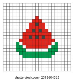 Watermelon pixel art. Red watermelon slice vector design, minimalist cartoon style, game item icon, mosaic, 8 bit. Fruit illustration on checkered line exercise sheet, sketchbook, or coloring page.