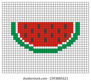 Watermelon pixel art. Red watermelon slice vector design, minimalist cartoon style, game item icon, mosaic, 8 bit. Fruit illustration on checkered line exercise sheet, sketchbook, or coloring page.