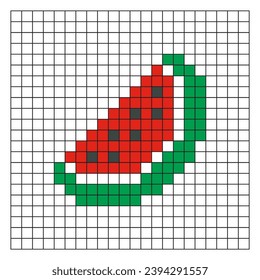 Watermelon pixel art. Red watermelon slice vector design, minimalist cartoon style, game item icon, mosaic, 8 bit. Fruit illustration on checkered line exercise sheet, sketchbook, or coloring page.