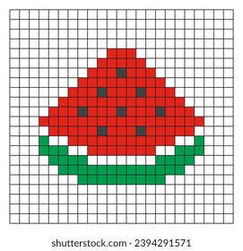 Watermelon pixel art. Red watermelon slice vector design, minimalist cartoon style, game item icon, mosaic, 8 bit. Fruit illustration on checkered line exercise sheet, sketchbook, or coloring page.