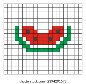 Watermelon pixel art. Red watermelon slice vector design, minimalist cartoon style, game item icon, mosaic, 8 bit. Fruit illustration on checkered line exercise sheet, sketchbook, or coloring page.