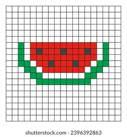 Watermelon pixel art. Red watermelon slice vector design, minimalist cartoon style, game item icon, mosaic, 8 bit. Fruit illustration on checkered line exercise sheet, sketchbook, or coloring page.