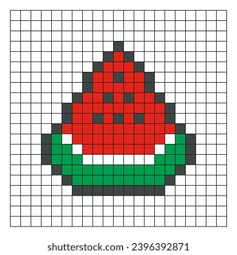 Wassermelonen Pixelkunst. Rote Wassermelonen-Slice Vektordesign, minimalistischer Cartoon-Stil, Spielartikel-Symbol, Mosaik, 8 Bit. Fruchtgrafik auf Trainingsblatt, Skizze oder Farbseite an der Schachtel.