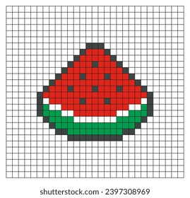 Watermelon pixel art. Red watermelon slice vector design, minimalist cartoon style, game item icon, mosaic, 8 bit. Fruit illustration on checkered line exercise sheet, sketchbook, or coloring page.