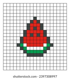 Watermelon pixel art. Red watermelon slice vector design, minimalist cartoon style, game item icon, mosaic, 8 bit. Fruit illustration on checkered line exercise sheet, sketchbook, or coloring page.