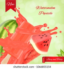 Watermelon popsicle ads. Popsicle and watermelon with splashing juice on a green background. EPS10 vector