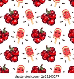 Melancia Popsicle e cereja Padrão sem emenda ю Cerejas de Desenho Animado e Melancia Ice Cream Vetor Design