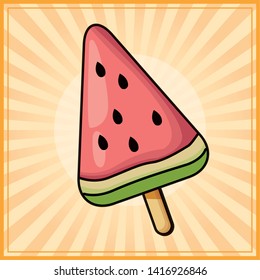 Watermelon popsicle frozen dessert over yellow striped background vector illustration graphic design