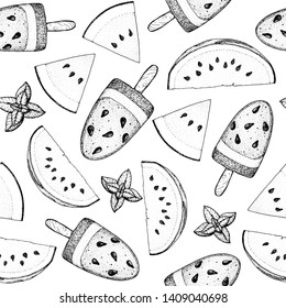 Watermelon popsicle. Popsicle ice cream. Seamless pattern. Hand drawn vector illustration. Seamless pattern. Summer food background. 